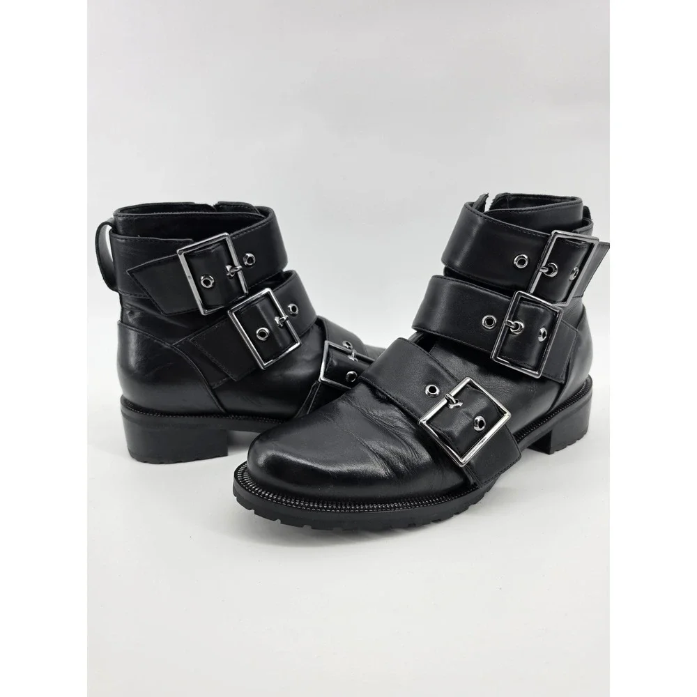 Blondo Black Leather Triple Buckle Moto Ankle Boot Womens 7.5 Waterproof